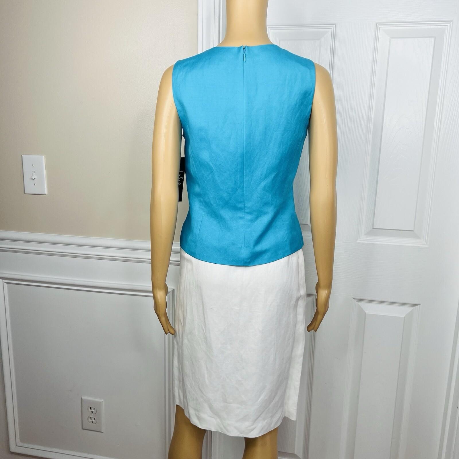 Le Suit Linen Rayon Skirt Suit Top Size 4P Blue White Open Front Lined 3PC New