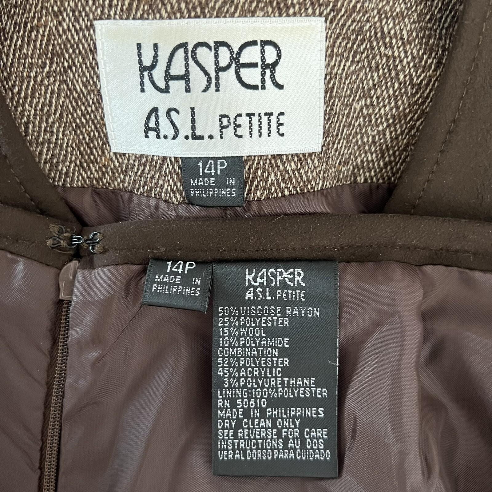 KASPER Women 2PC Brown Tweed Lined Stand Up Collar Skirt Suit Size 14P