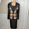 10-1505.jpg TERRAMINA Polyester Skirt Suit Size 16 Black Tan Lined Collarless Cocktail 2PC