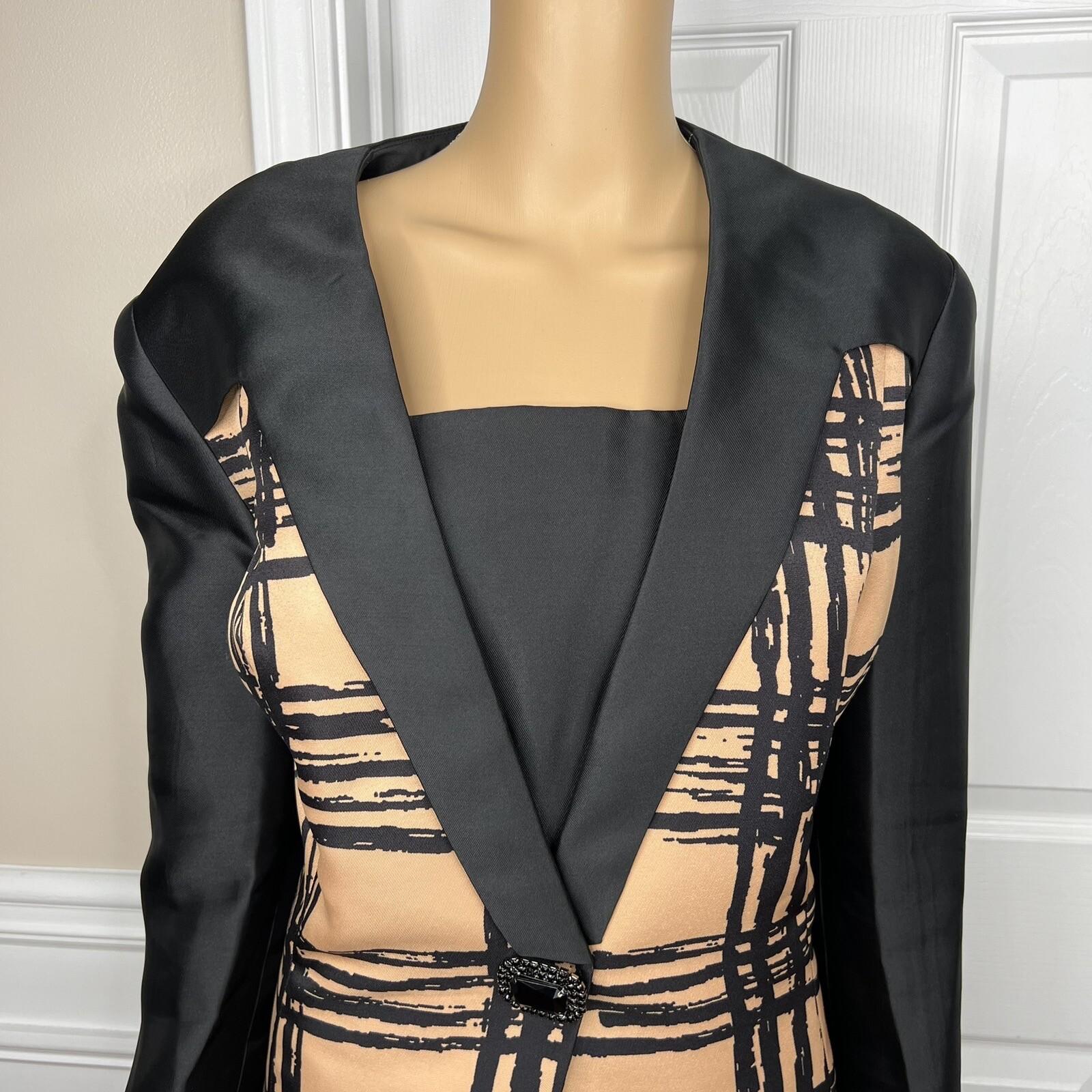 10-1507.jpg TERRAMINA Polyester Skirt Suit Size 16 Black Tan Lined Collarless Cocktail 2PC