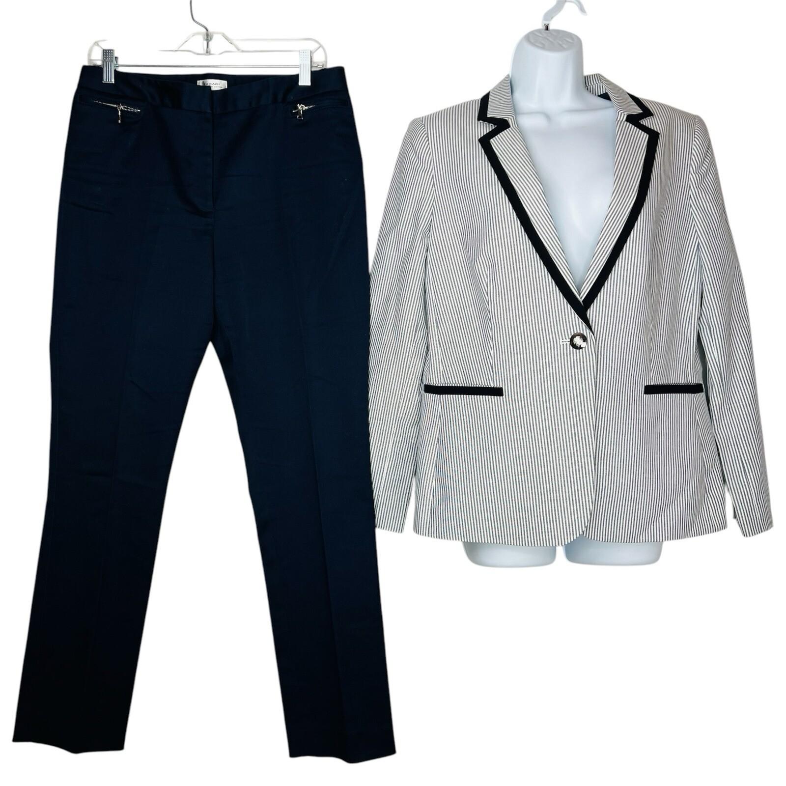 Tahari ASL Cotton Polyester Stretch Pant Suit 10 Navy Blue White Striped 2PC