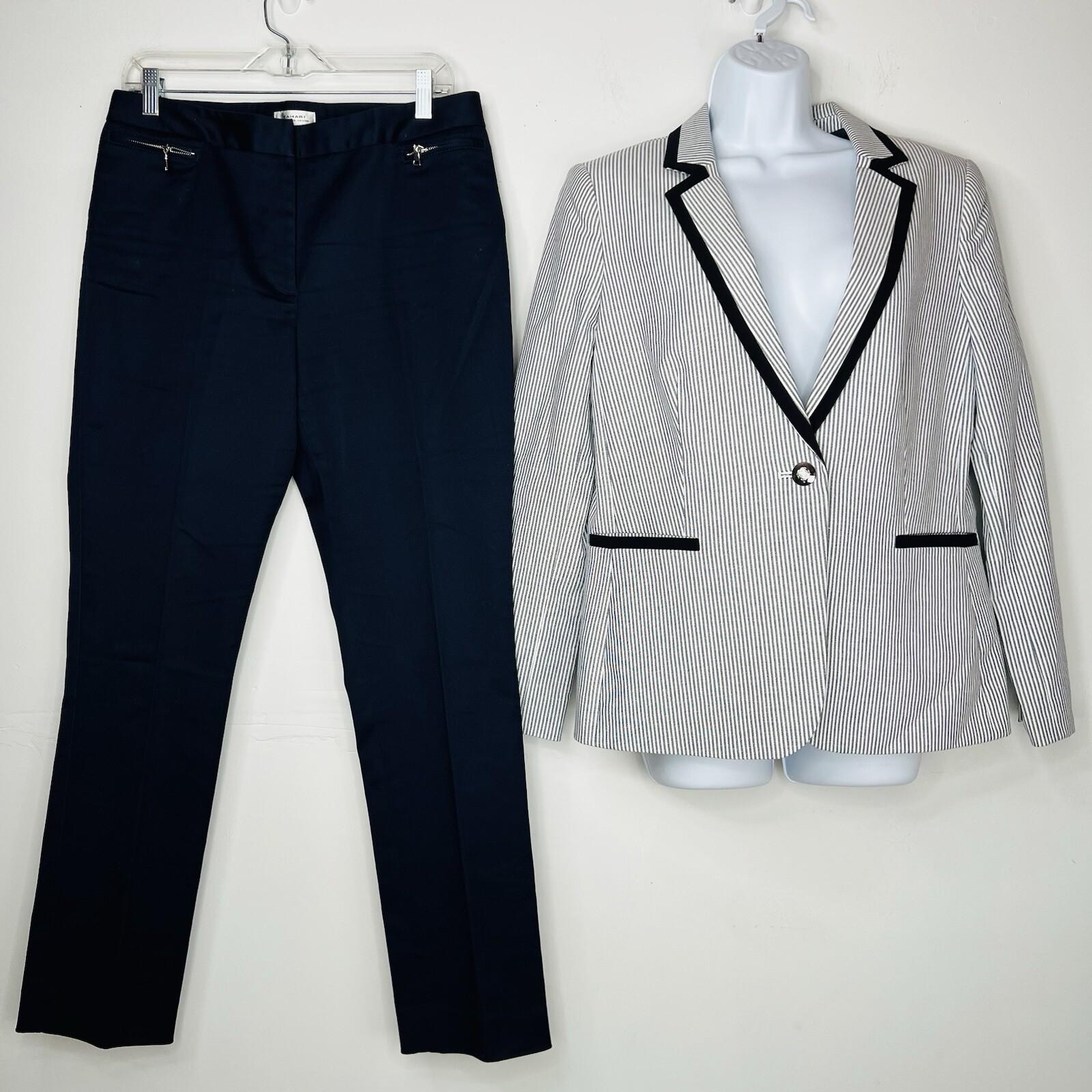 Tahari ASL Cotton Polyester Stretch Pant Suit 10 Navy Blue White Striped 2PC