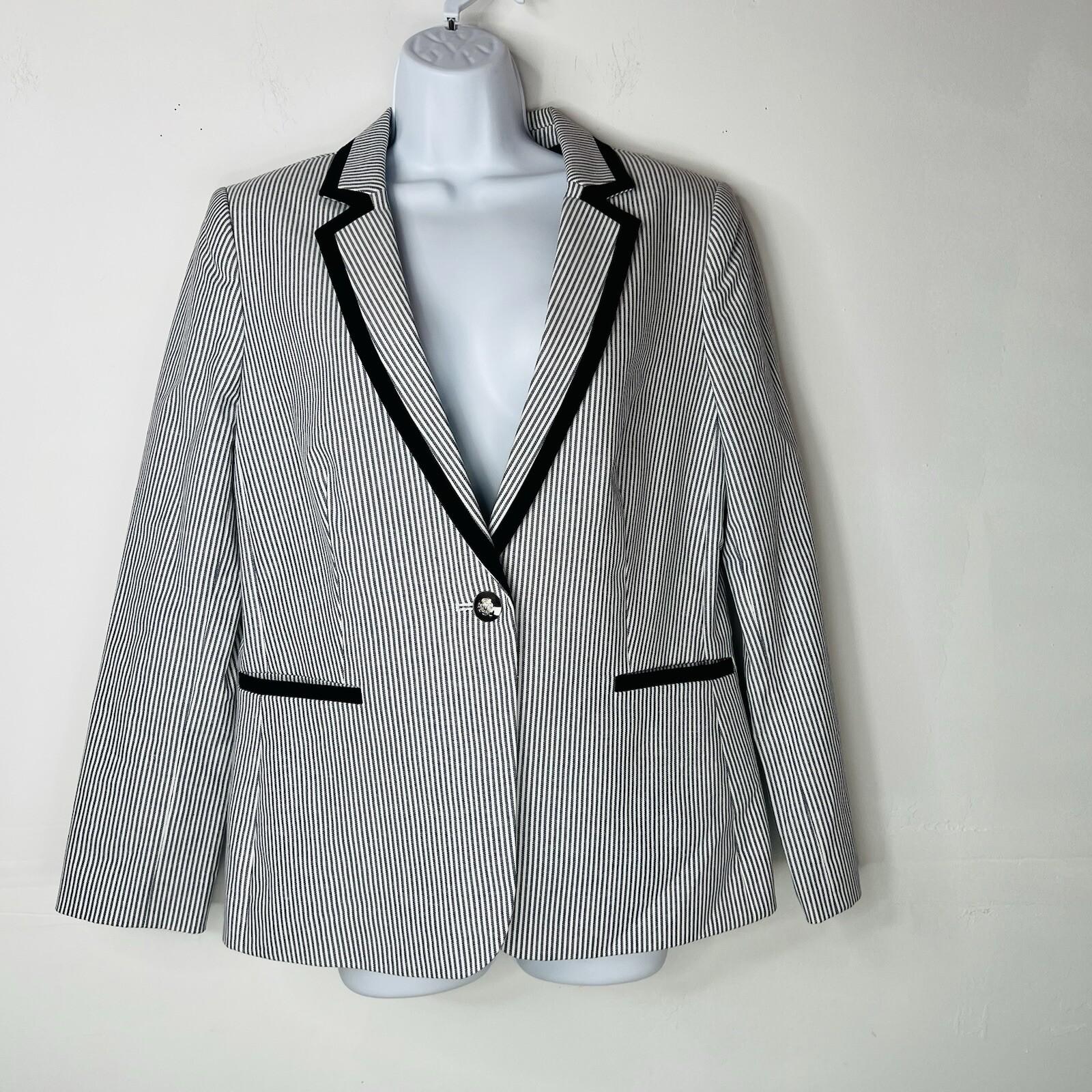 Tahari ASL Cotton Polyester Stretch Pant Suit 10 Navy Blue White Striped 2PC
