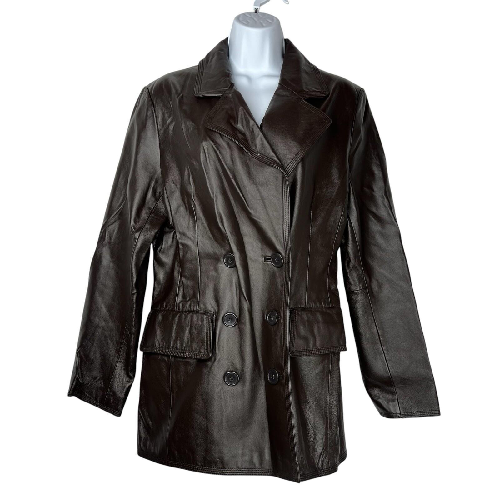 Newport News Leather Jacket Size M Brown Double Breasted Y2K Minimalist Preppy
