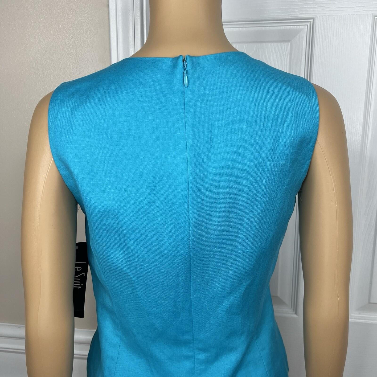 Le Suit Linen Rayon Skirt Suit Top Size 4P Blue White Open Front Lined 3PC New