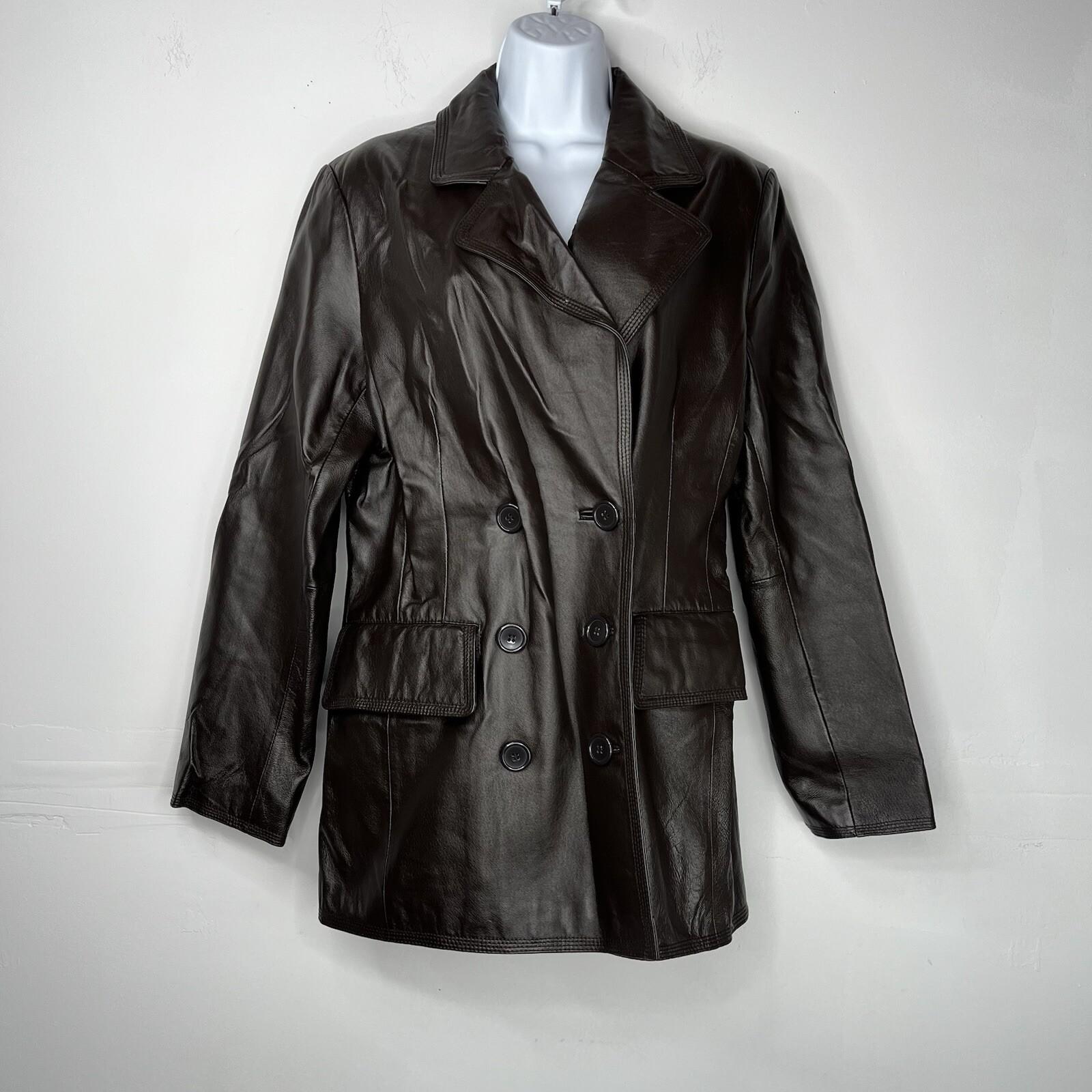 Newport News Leather Jacket Size M Brown Double Breasted Y2K Minimalist Preppy