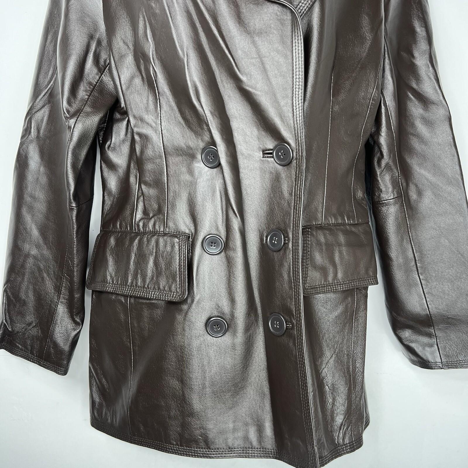 Newport News Leather Jacket Size M Brown Double Breasted Y2K Minimalist Preppy