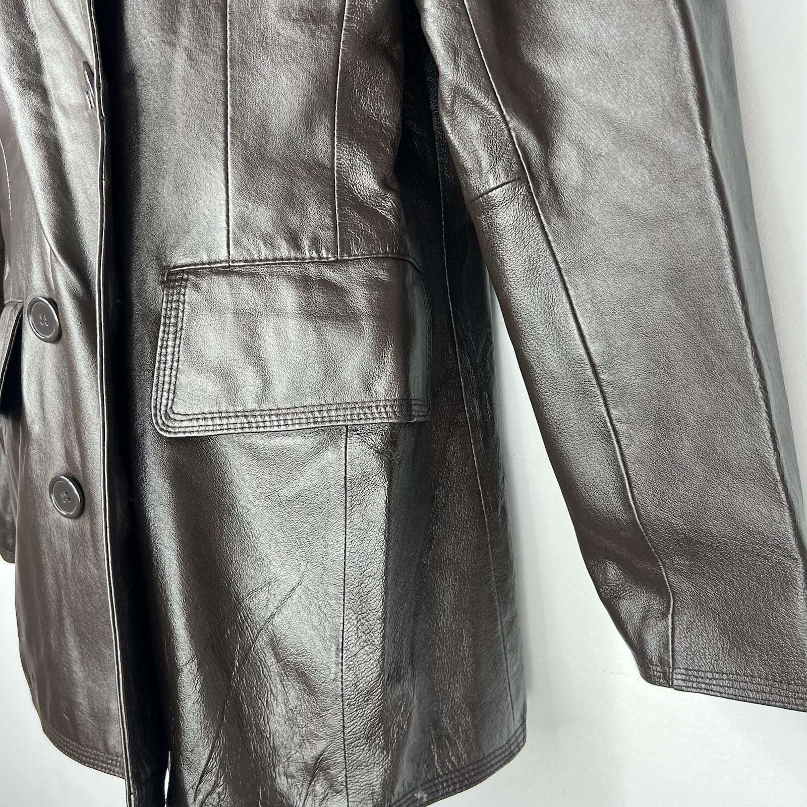 Newport News Leather Jacket Size M Brown Double Breasted Y2K Minimalist Preppy