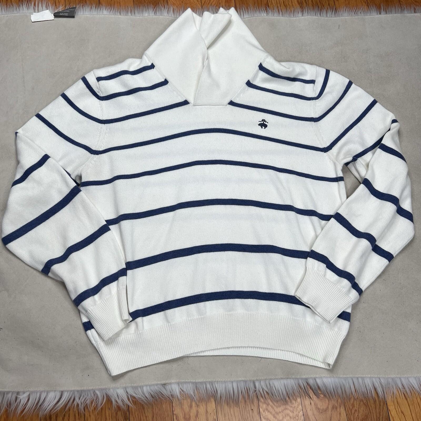 Brooks Brothers 346 Men Cotton White Blue Striped Shawl Collar Pullover  Size L