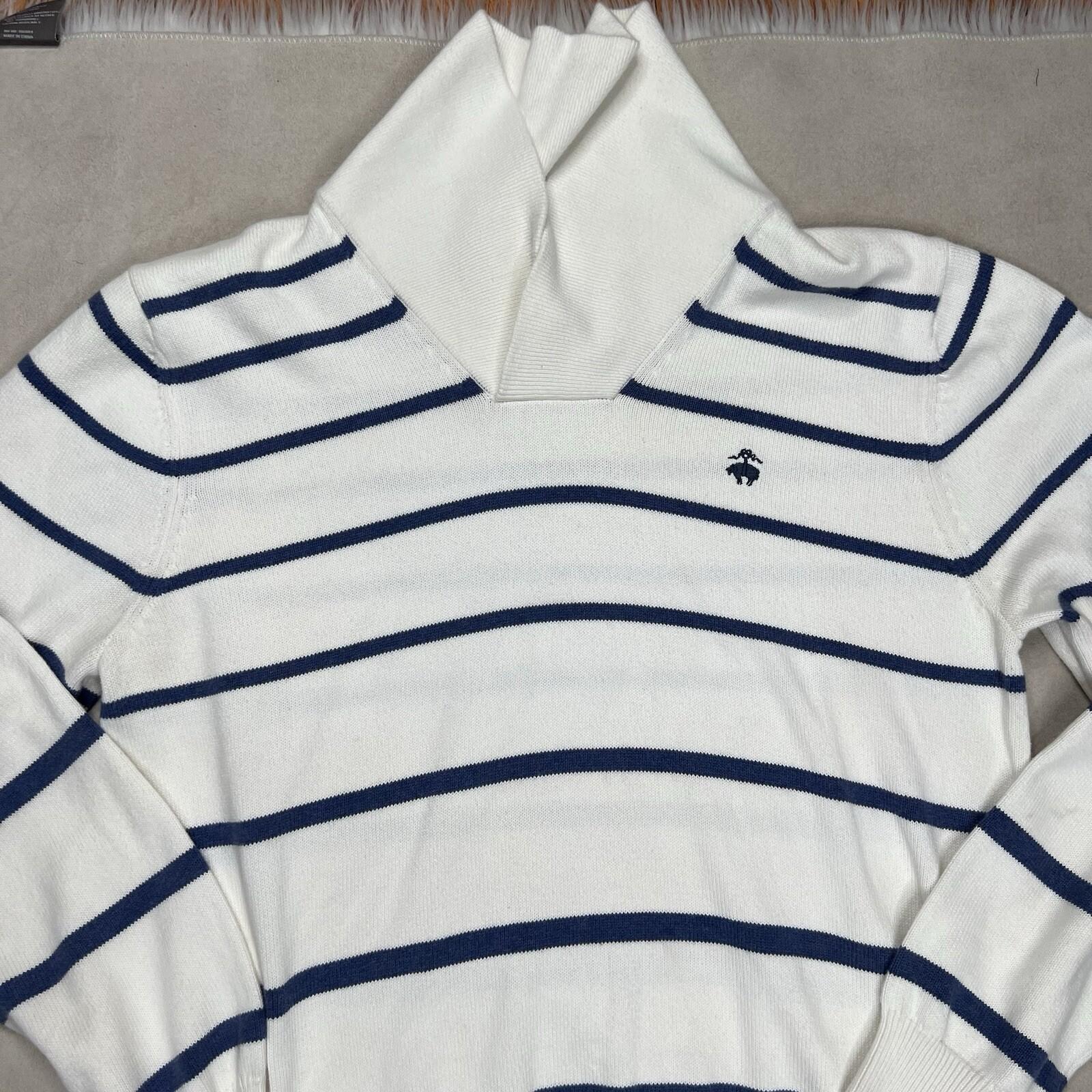 Brooks Brothers 346 Men Cotton White Blue Striped Shawl Collar Pullover  Size L