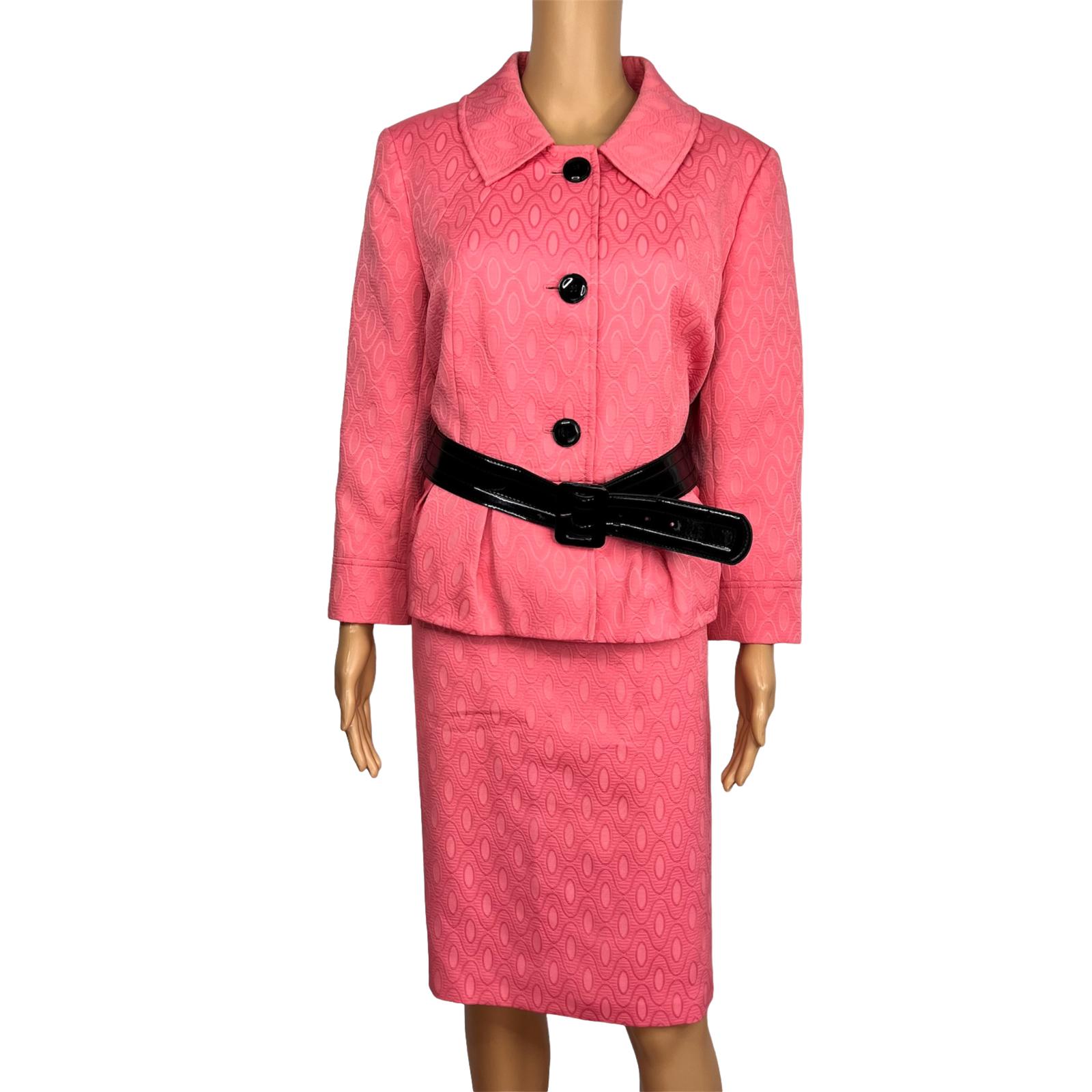 NINE WEST 2PC Coral Polyester Cotton Lined Belted Cocktail Skirt Suit Size 14