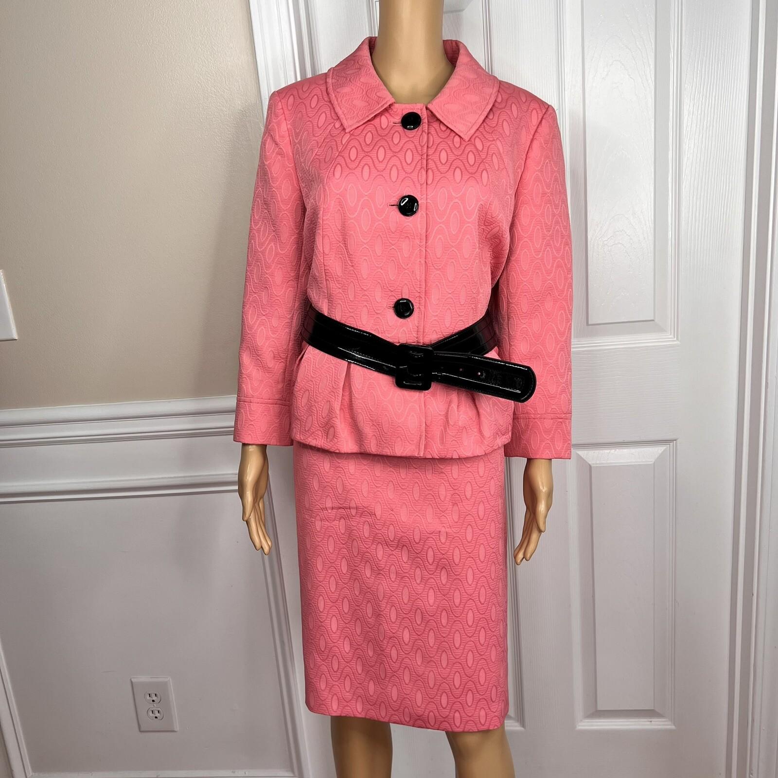 NINE WEST 2PC Coral Polyester Cotton Lined Belted Cocktail Skirt Suit Size 14