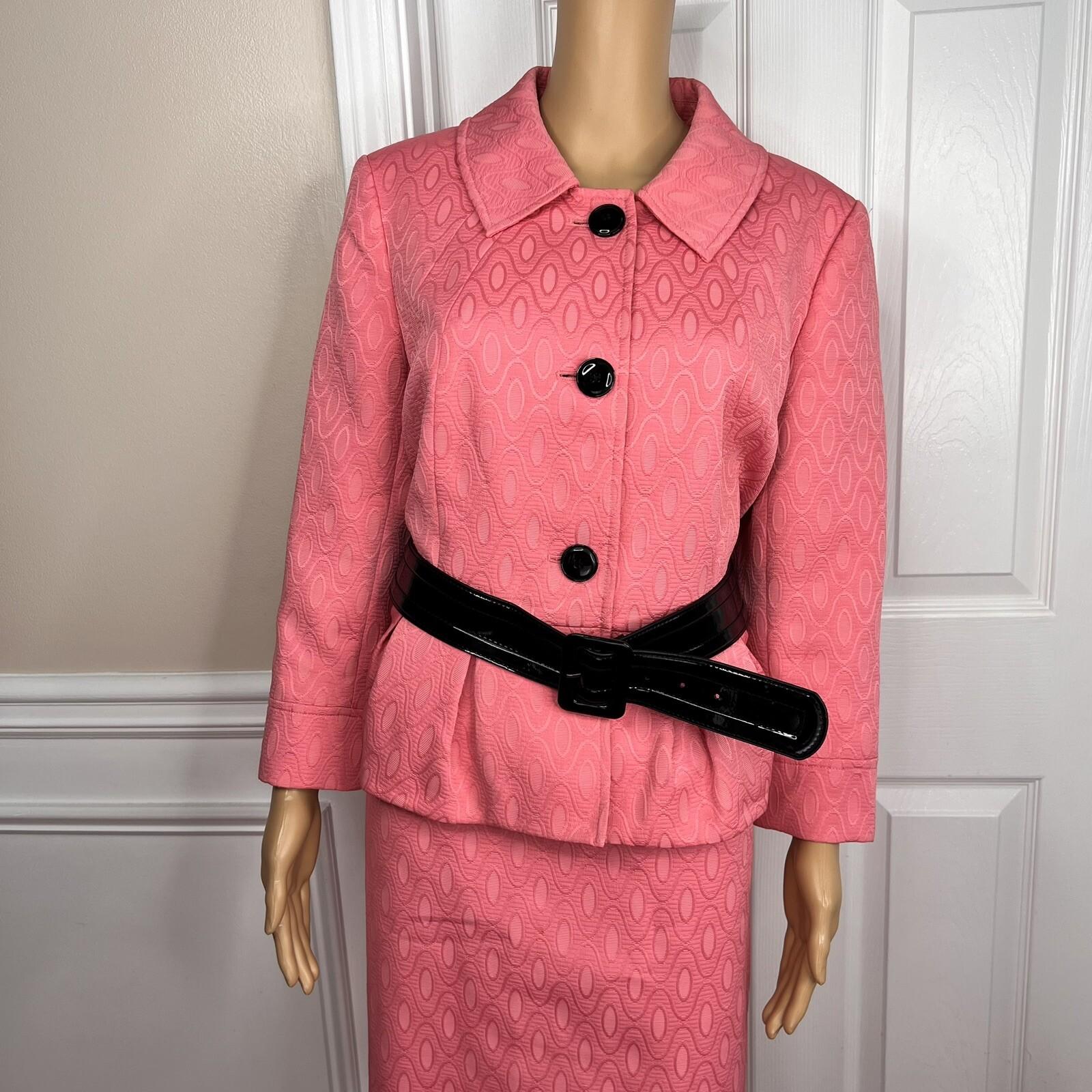 NINE WEST 2PC Coral Polyester Cotton Lined Belted Cocktail Skirt Suit Size 14