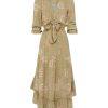 10-1650.jpg Kivari Lani Front Tie Dress S Green Floral Keyhole Midi Ruffle High Low Smocked