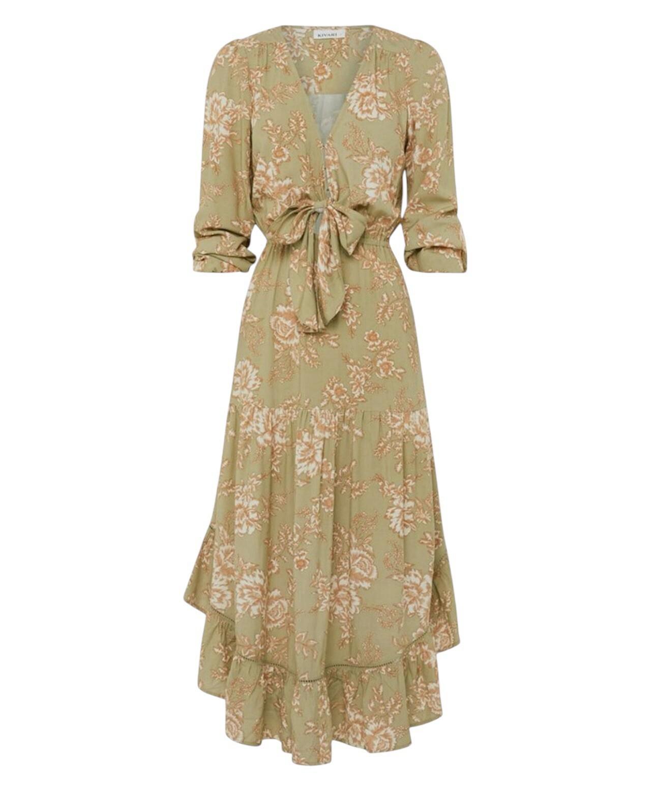 10-1650.jpg Kivari Lani Front Tie Dress S Green Floral Keyhole Midi Ruffle High Low Smocked