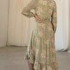 10-1651.jpg Kivari Lani Front Tie Dress S Green Floral Keyhole Midi Ruffle High Low Smocked
