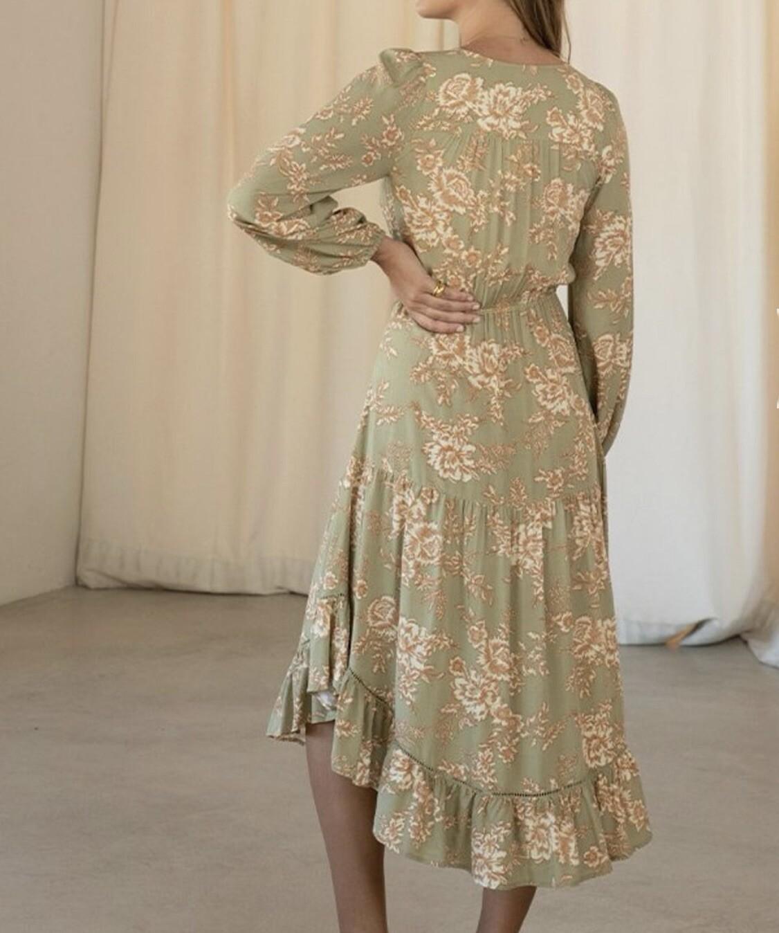 10-1651.jpg Kivari Lani Front Tie Dress S Green Floral Keyhole Midi Ruffle High Low Smocked