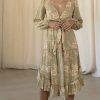 10-1652.jpg Kivari Lani Front Tie Dress S Green Floral Keyhole Midi Ruffle High Low Smocked