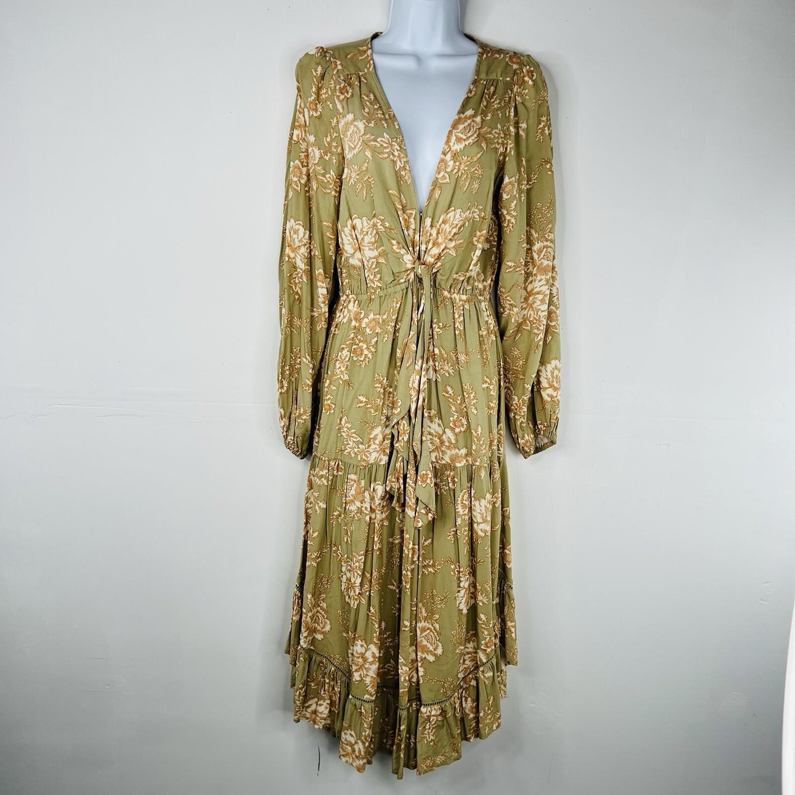 10-1653.jpg Kivari Lani Front Tie Dress S Green Floral Keyhole Midi Ruffle High Low Smocked