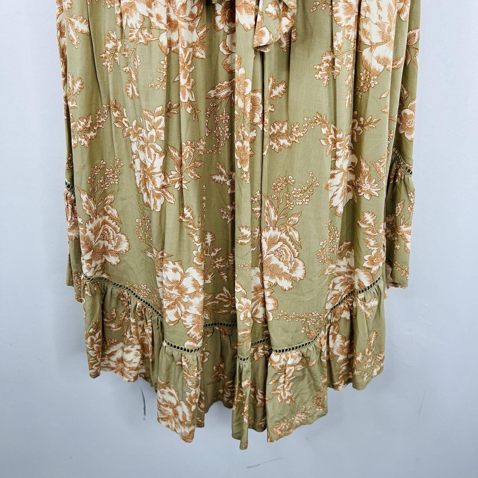 10-1655.jpg Kivari Lani Front Tie Dress S Green Floral Keyhole Midi Ruffle High Low Smocked