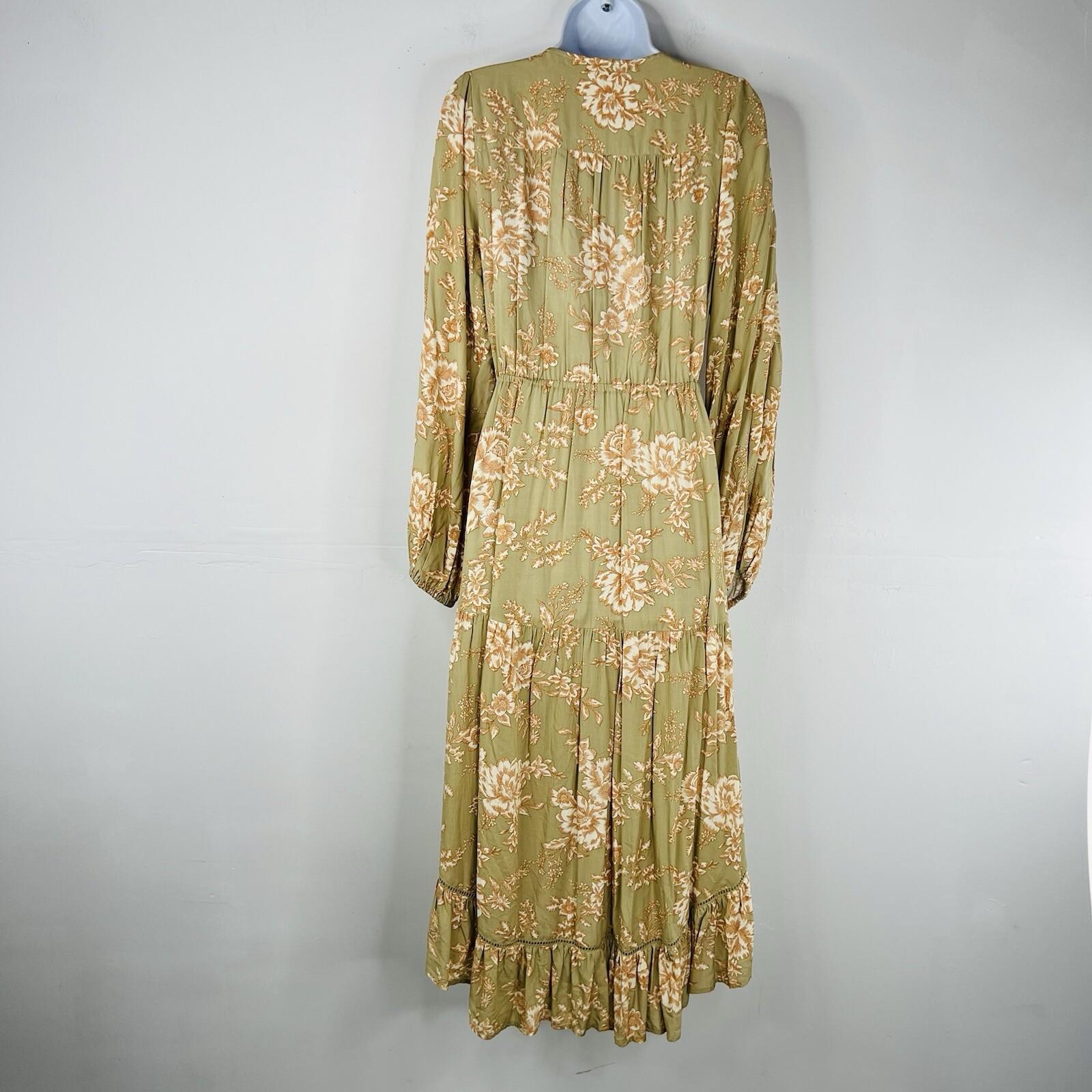 10-1656.jpg Kivari Lani Front Tie Dress S Green Floral Keyhole Midi Ruffle High Low Smocked