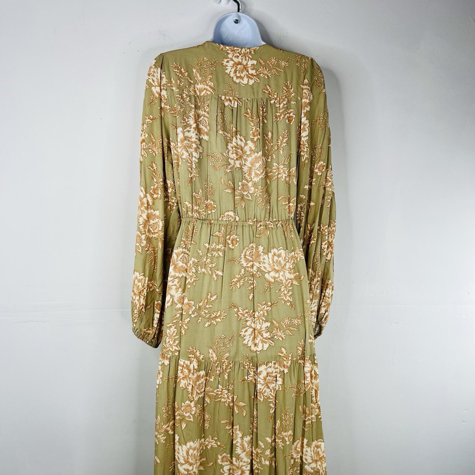 10-1657.jpg Kivari Lani Front Tie Dress S Green Floral Keyhole Midi Ruffle High Low Smocked