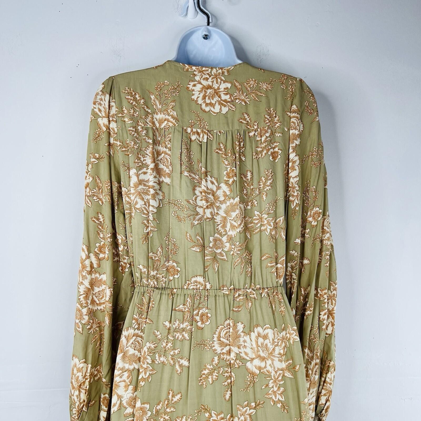 10-1658.jpg Kivari Lani Front Tie Dress S Green Floral Keyhole Midi Ruffle High Low Smocked