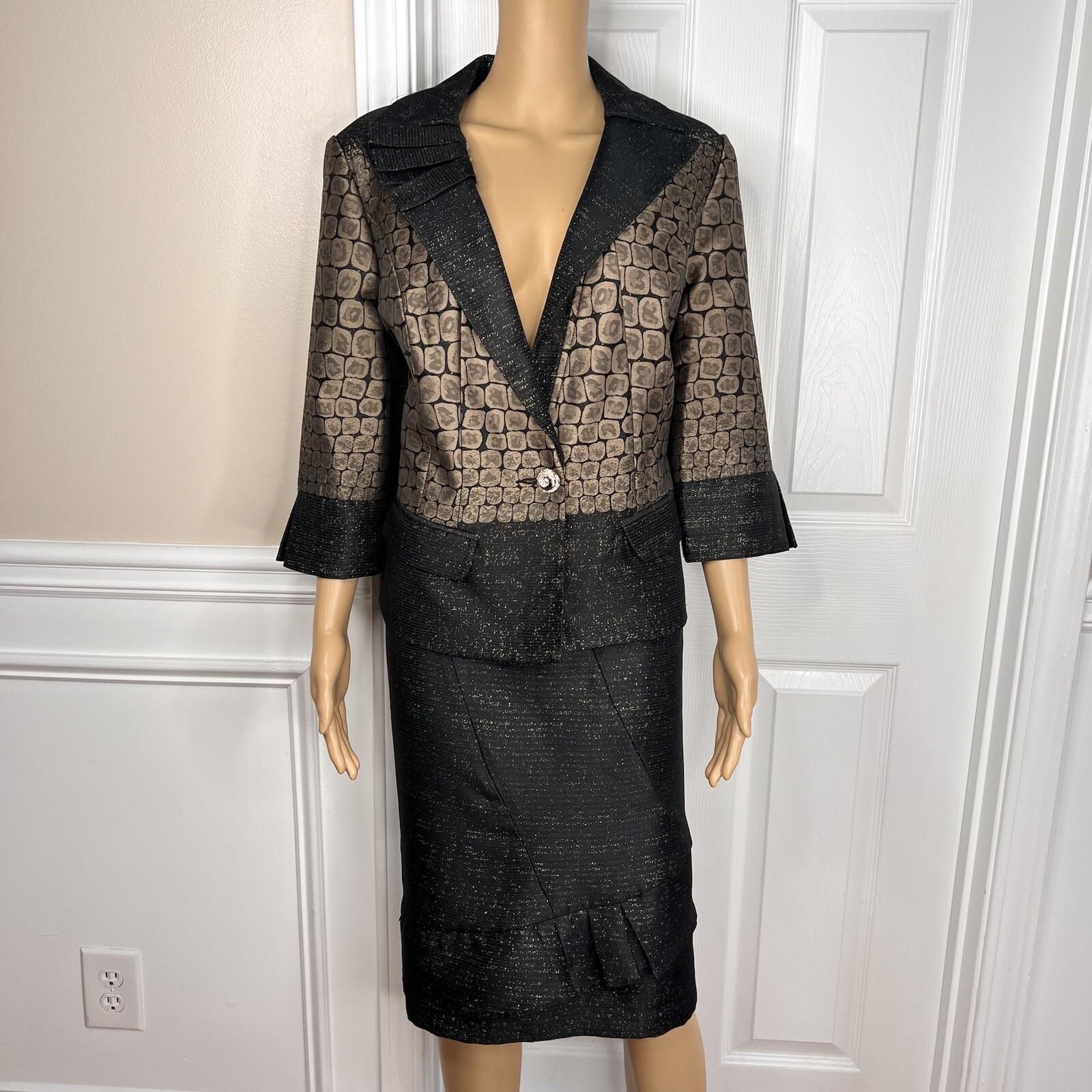 STACY ADAMS Brown Black Metallic Polyester Cocktail Fancy Skirt Suit Size 14