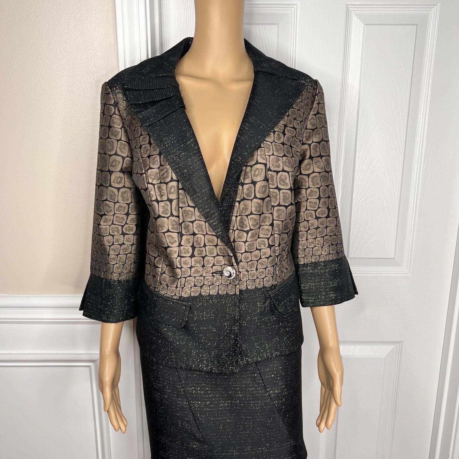 STACY ADAMS Brown Black Metallic Polyester Cocktail Fancy Skirt Suit Size 14