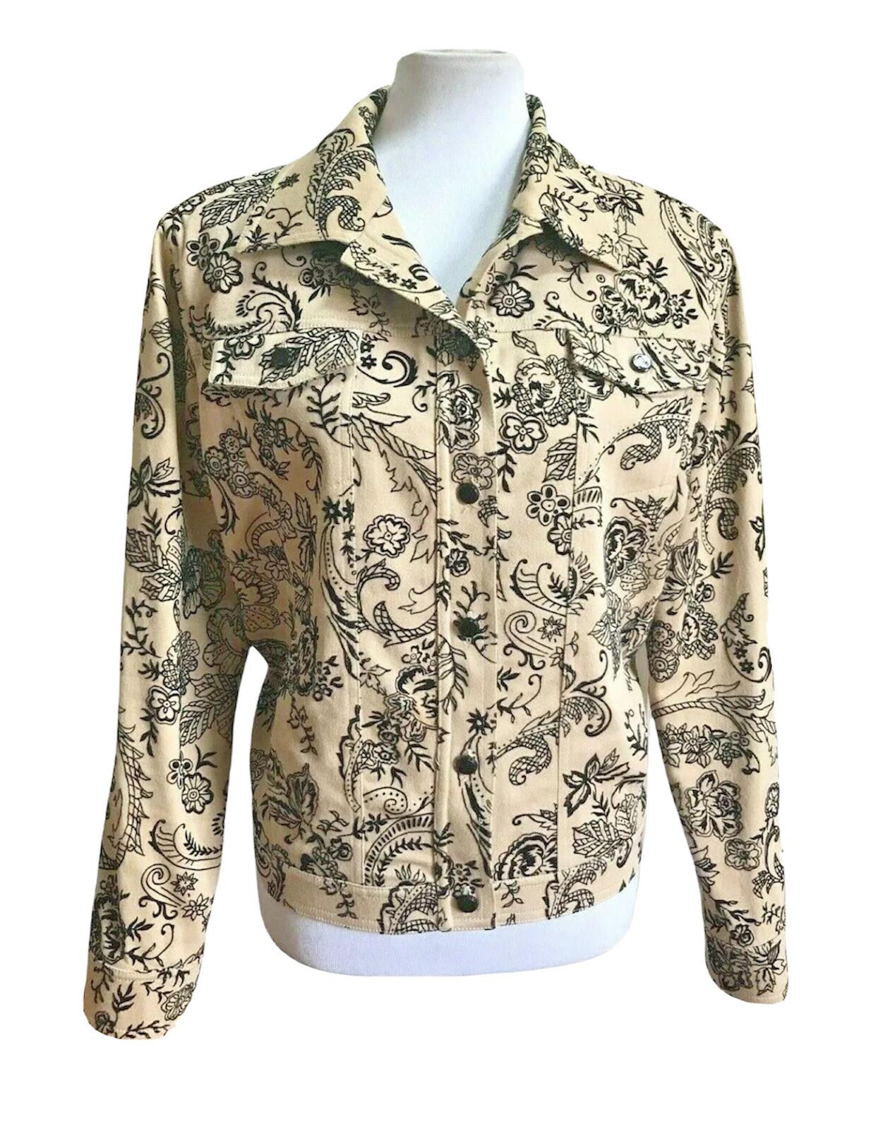 St John Marie Gray Collection Print Denim Jacket L Beige Black Embroidered Lace