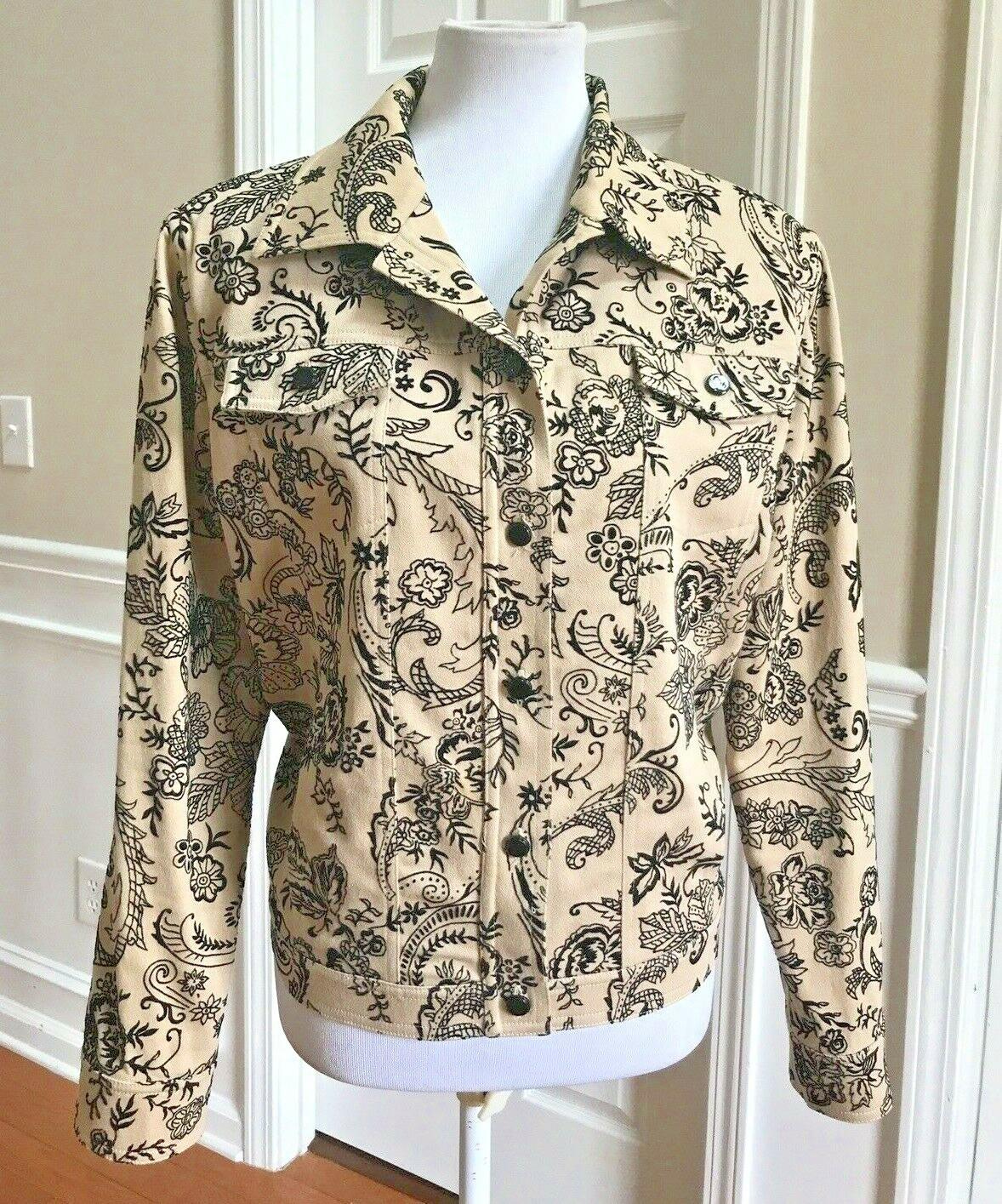 St John Marie Gray Collection Print Denim Jacket L Beige Black Embroidered Lace