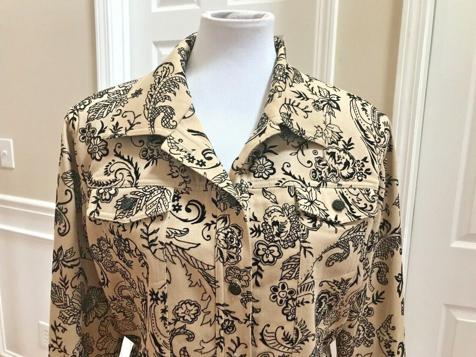 St John Marie Gray Collection Print Denim Jacket L Beige Black Embroidered Lace