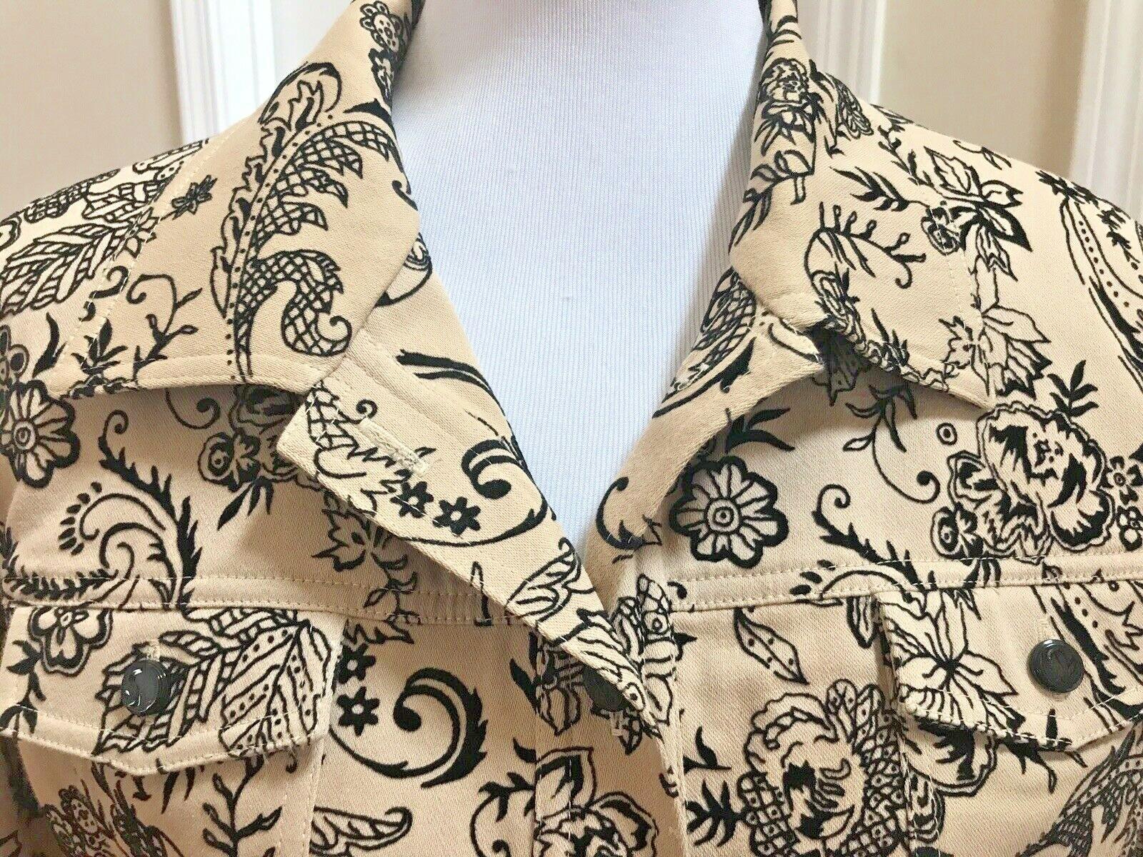 St John Marie Gray Collection Print Denim Jacket L Beige Black Embroidered Lace