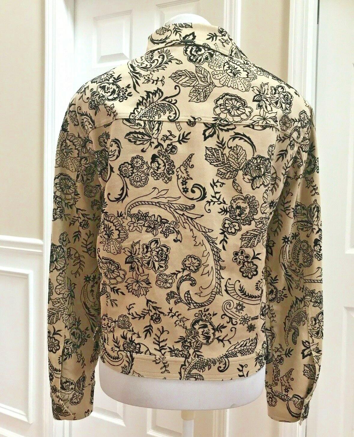 St John Marie Gray Collection Print Denim Jacket L Beige Black Embroidered Lace