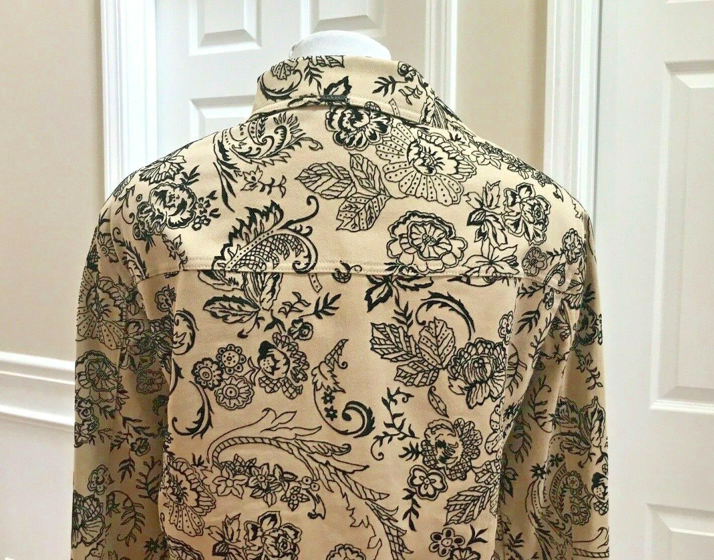St John Marie Gray Collection Print Denim Jacket L Beige Black Embroidered Lace