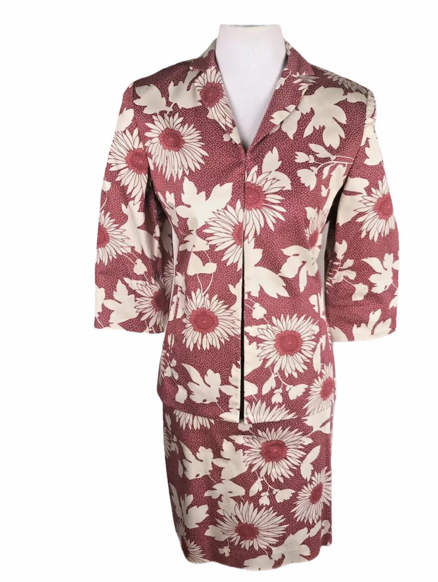 LARRY LEVINE Women 2 PC Red Floral Cotton Skirt Suit Size 4