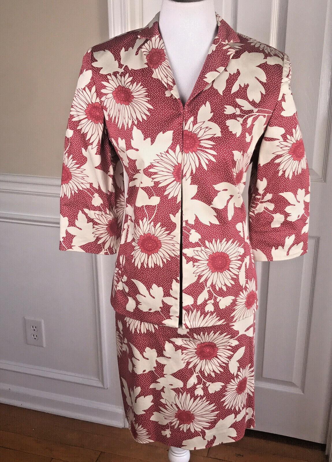 LARRY LEVINE Women 2 PC Red Floral Cotton Skirt Suit Size 4