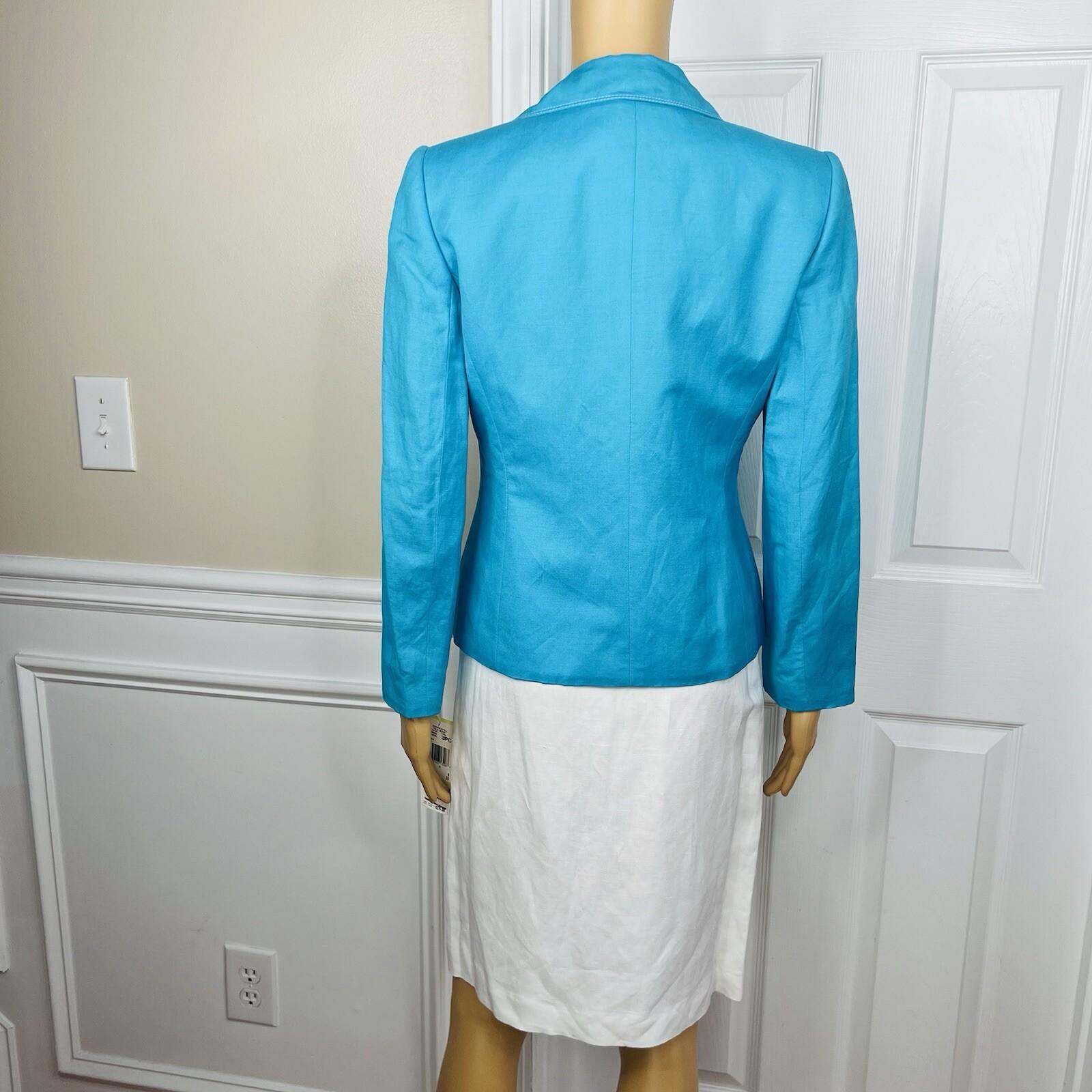 Le Suit Linen Rayon Skirt Suit Top Size 4P Blue White Open Front Lined 3PC New