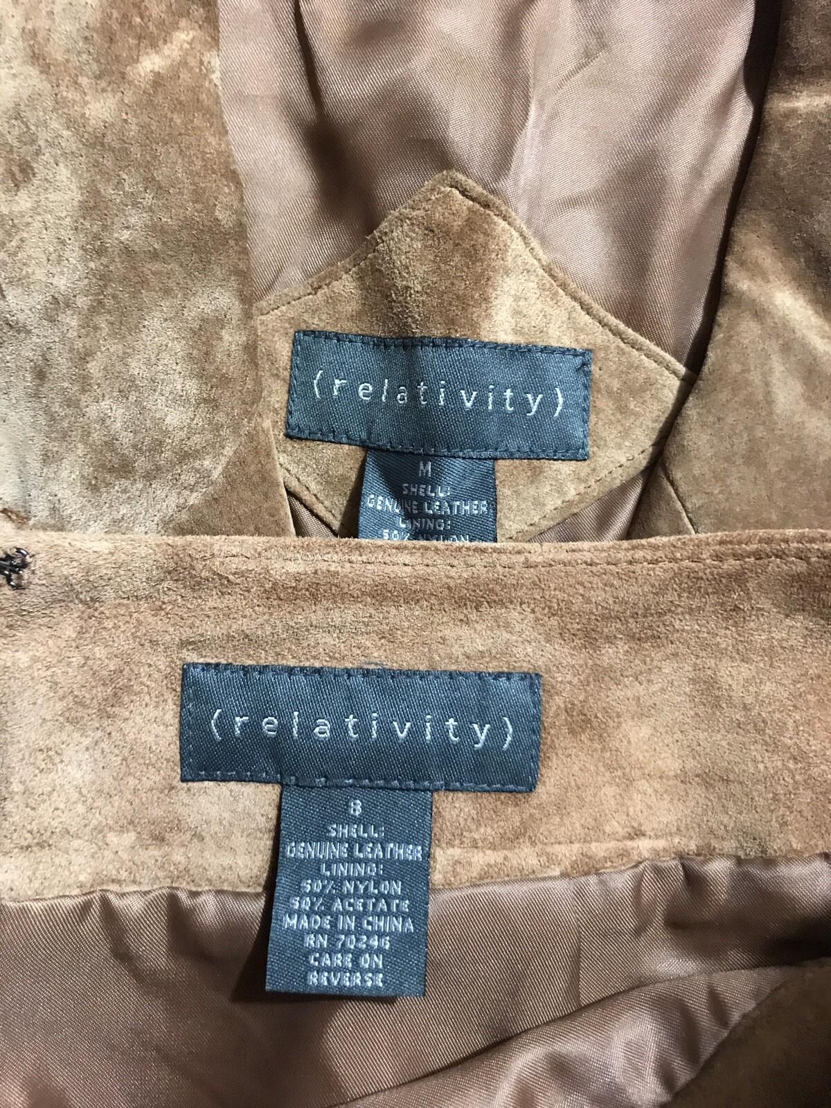 RELATIVITY Women 2 PC Brown Leather Suede Skirt (Size 8) Jacket (Size M)