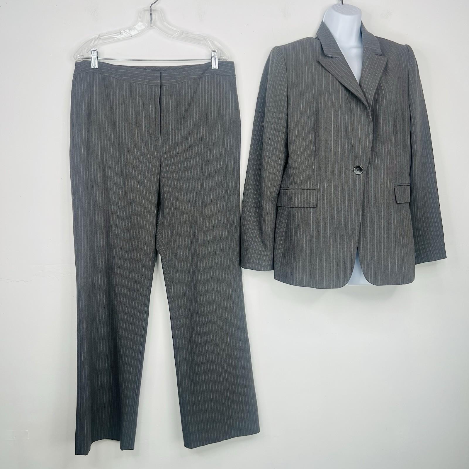 TAHARI Viscose Polyester Stretch Pant Suit 14 Gray Striped Peak Collar 2PC