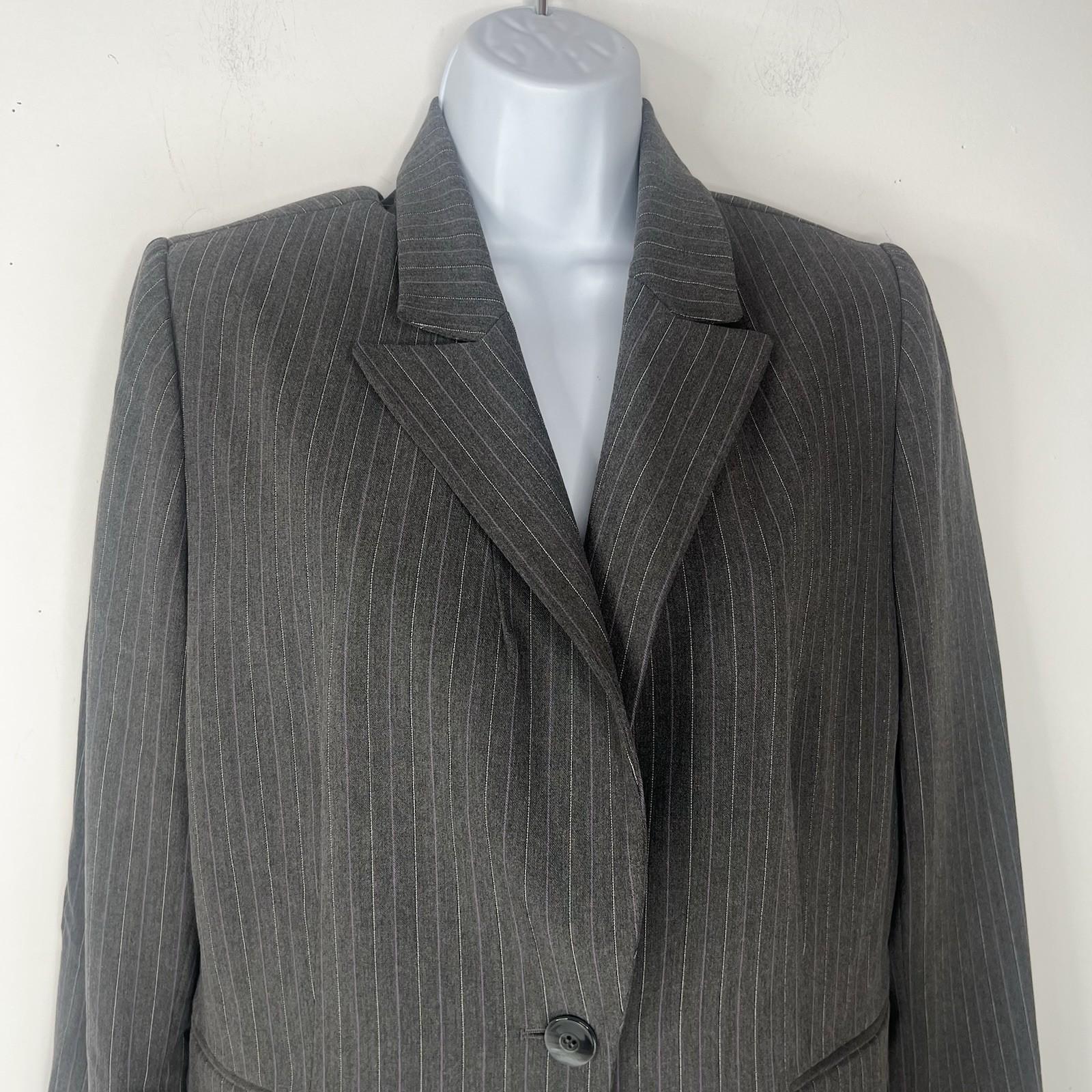 TAHARI Viscose Polyester Stretch Pant Suit 14 Gray Striped Peak Collar 2PC