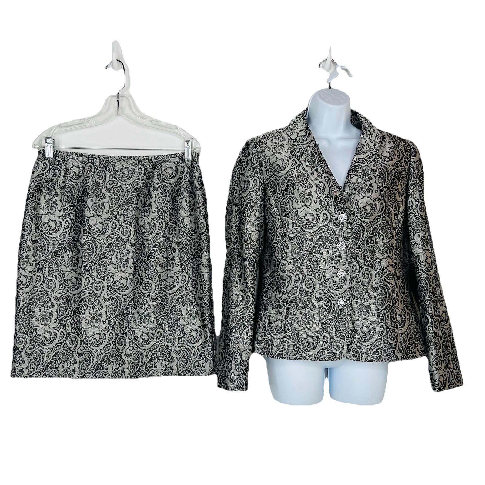 Tahari ASL Polyester Skirt Suit 10 Black Silver Floral Beaded Shawl Collar 2PC