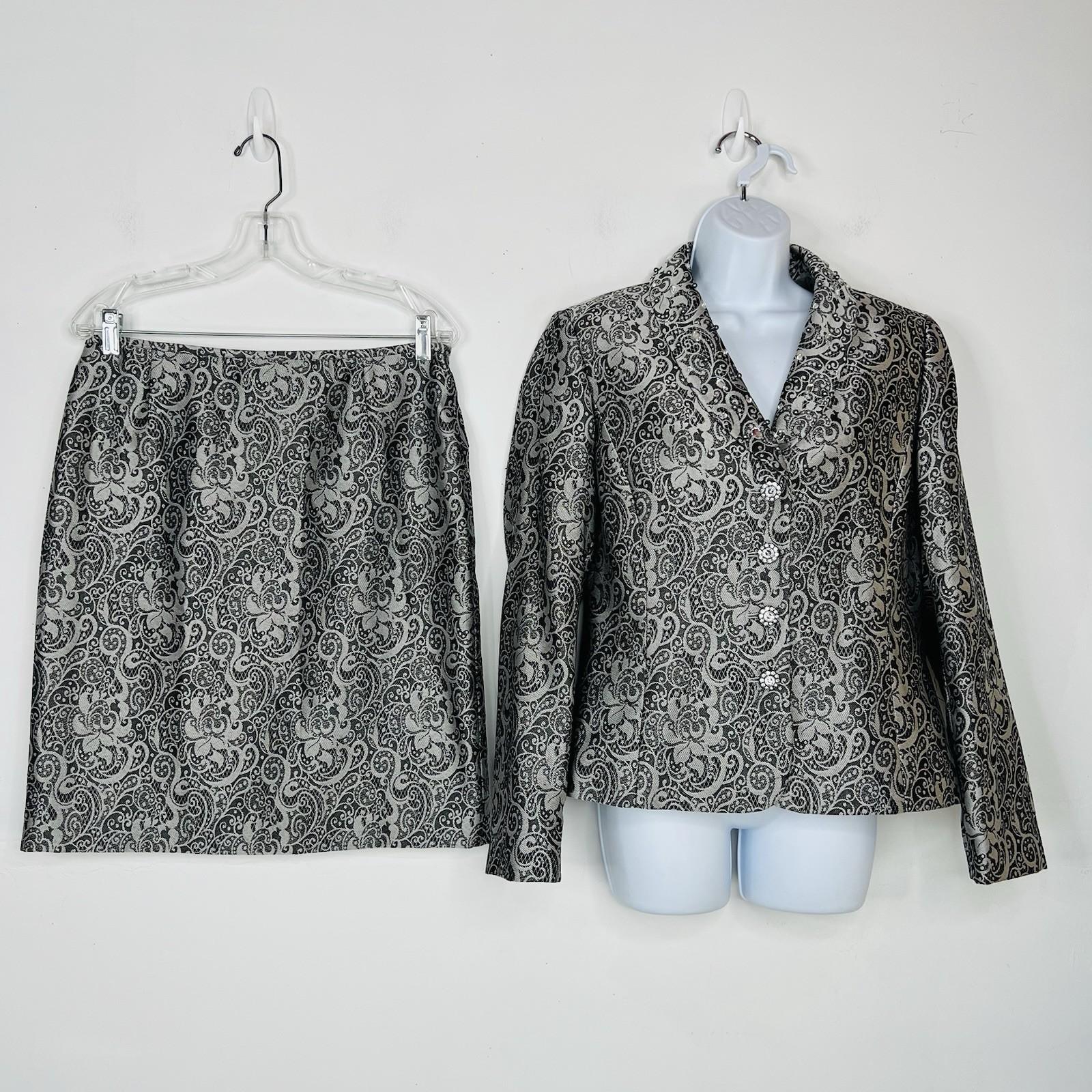 Tahari ASL Polyester Skirt Suit 10 Black Silver Floral Beaded Shawl Collar 2PC
