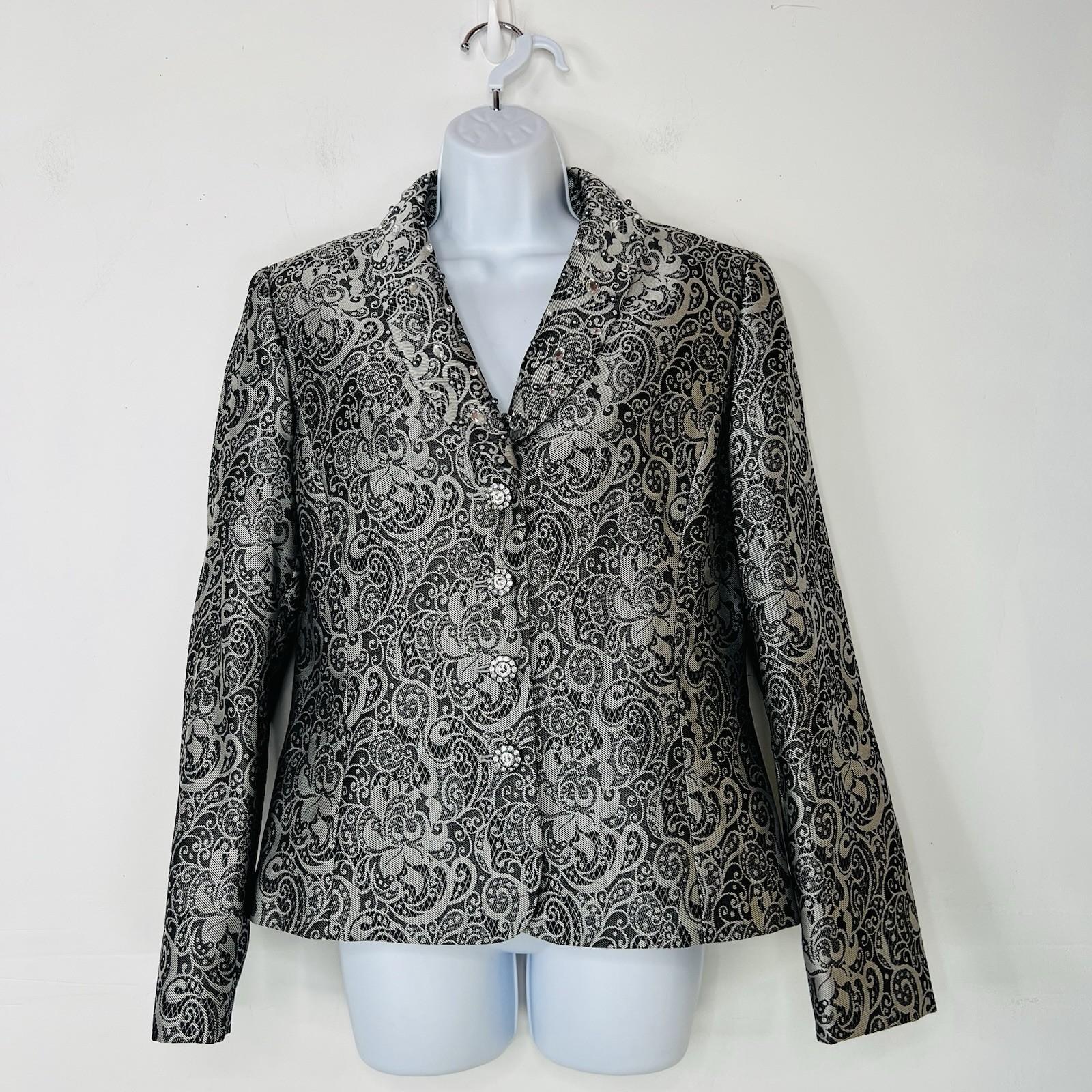 Tahari ASL Polyester Skirt Suit 10 Black Silver Floral Beaded Shawl Collar 2PC
