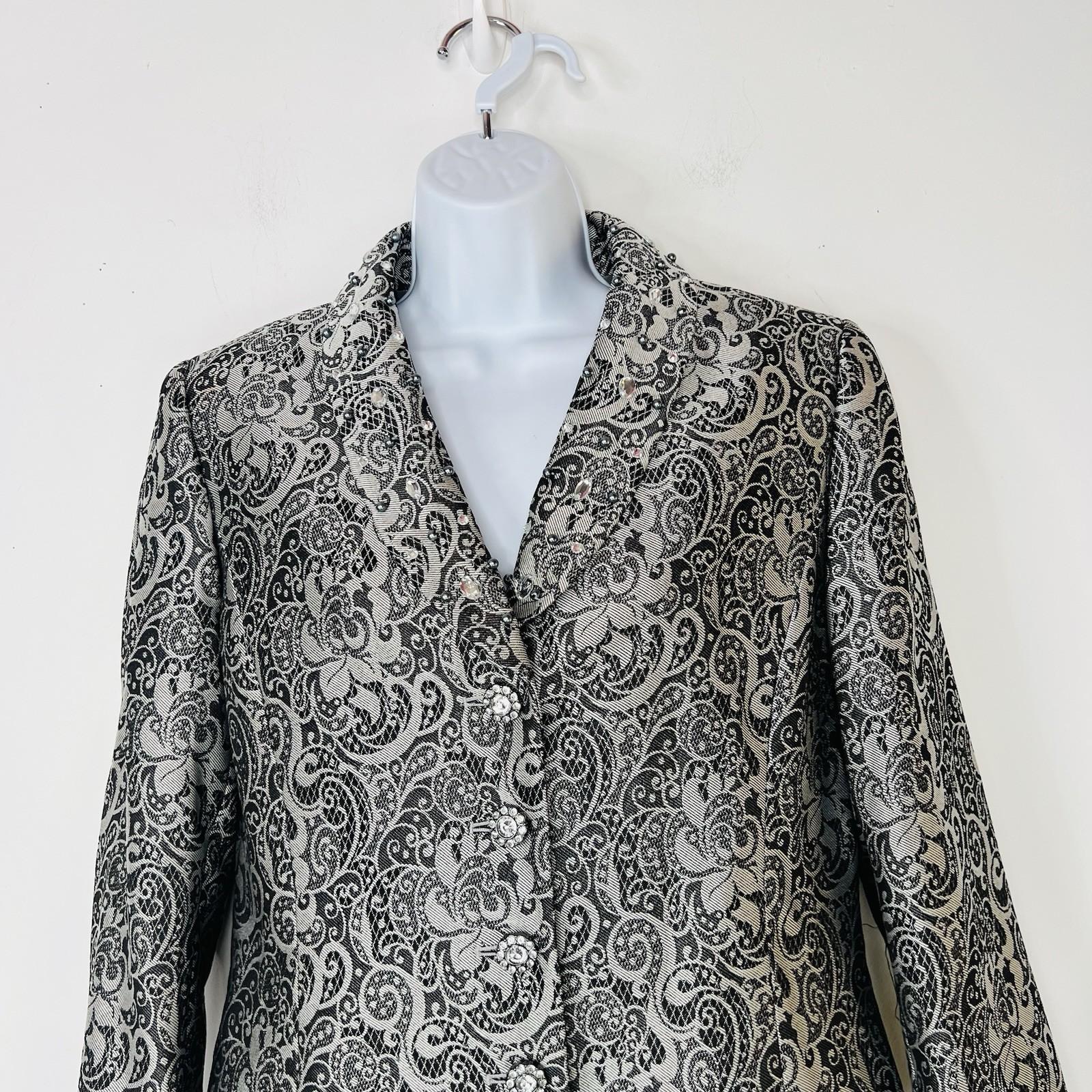 Tahari ASL Polyester Skirt Suit 10 Black Silver Floral Beaded Shawl Collar 2PC
