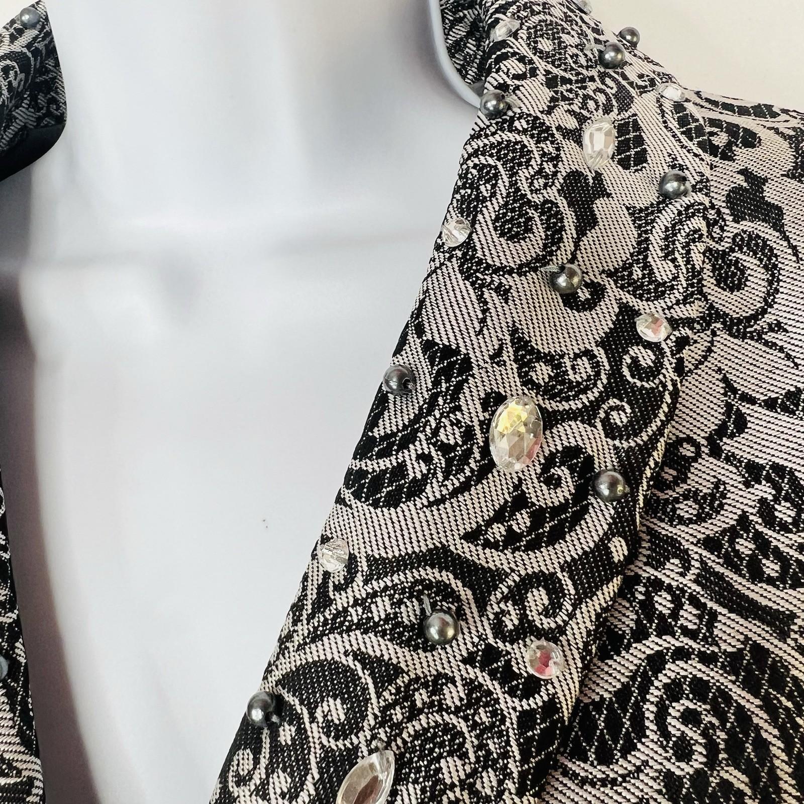 Tahari ASL Polyester Skirt Suit 10 Black Silver Floral Beaded Shawl Collar 2PC
