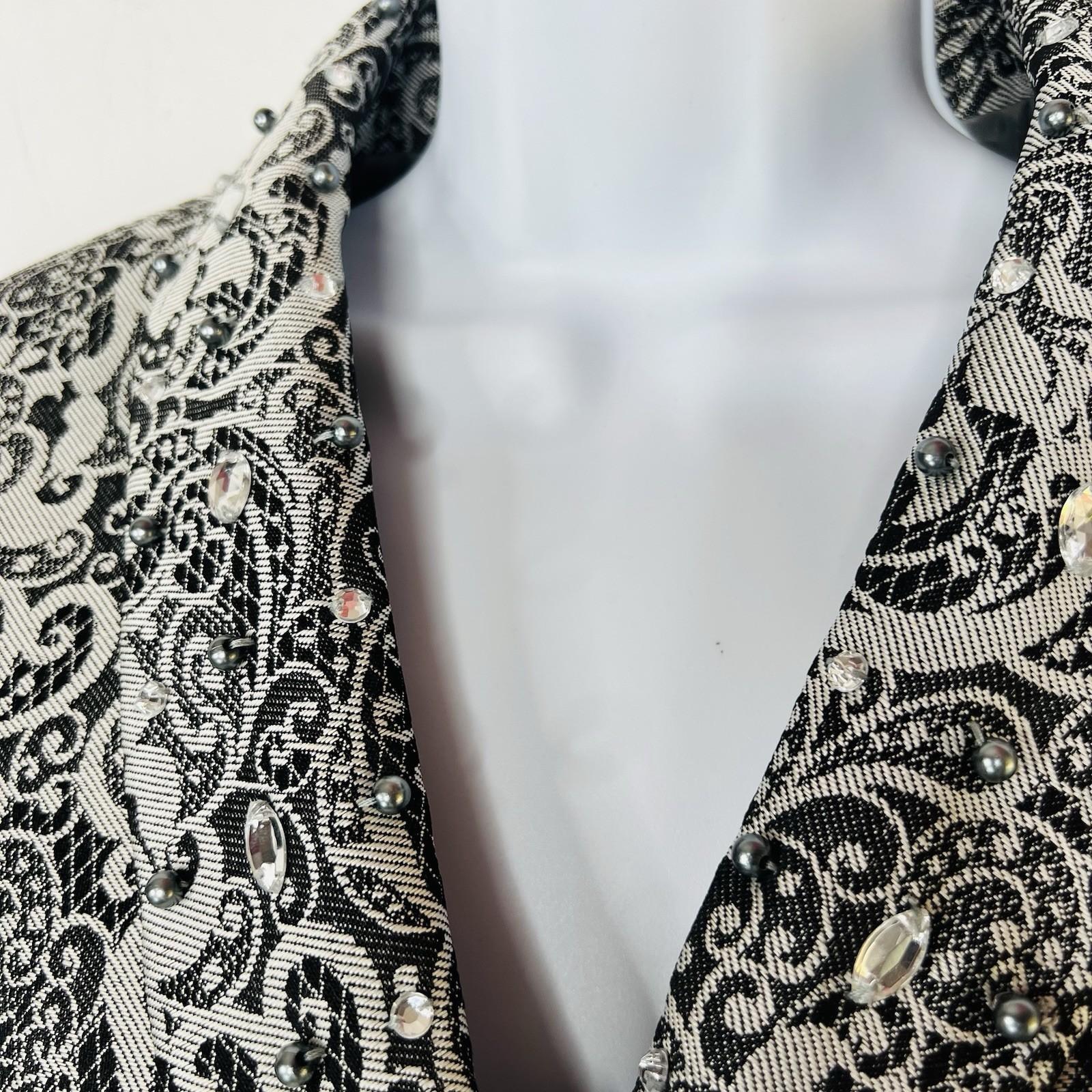 Tahari ASL Polyester Skirt Suit 10 Black Silver Floral Beaded Shawl Collar 2PC