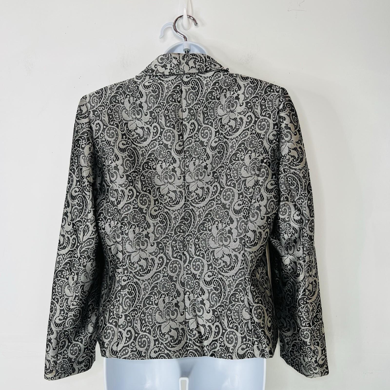Tahari ASL Polyester Skirt Suit 10 Black Silver Floral Beaded Shawl Collar 2PC