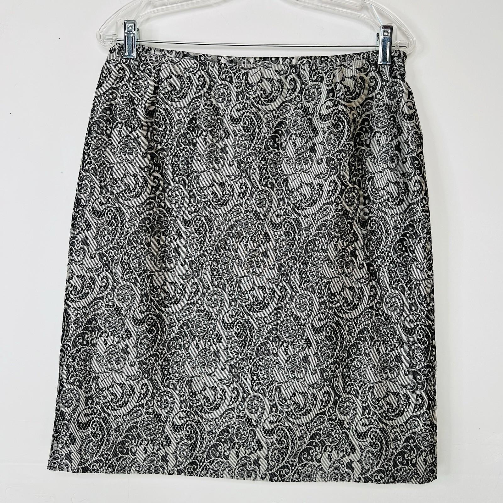 Tahari ASL Polyester Skirt Suit 10 Black Silver Floral Beaded Shawl Collar 2PC