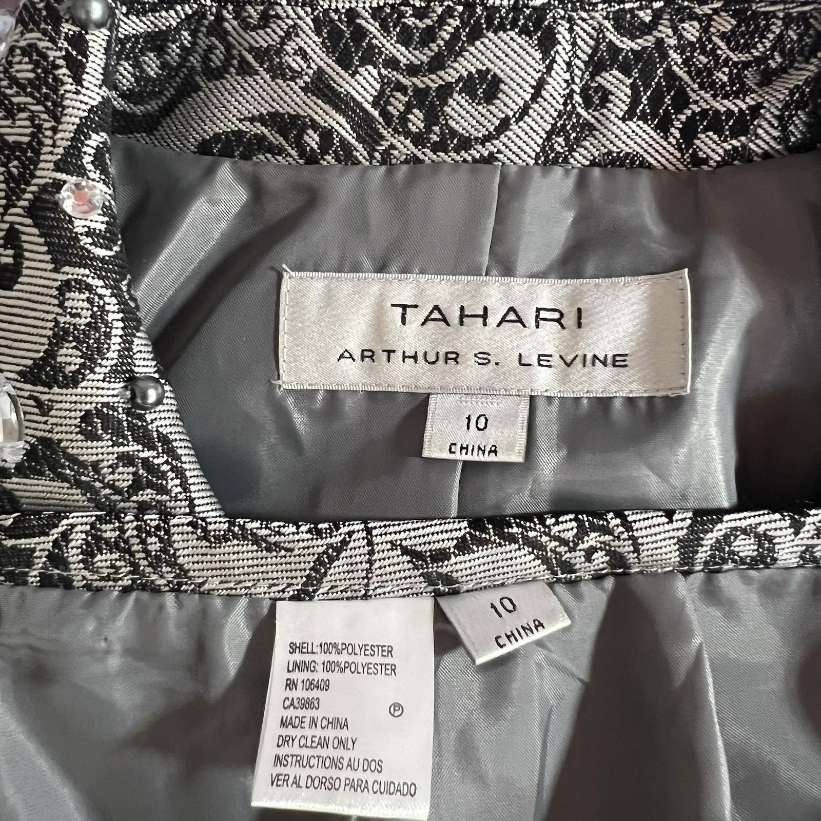 Tahari ASL Polyester Skirt Suit 10 Black Silver Floral Beaded Shawl Collar 2PC